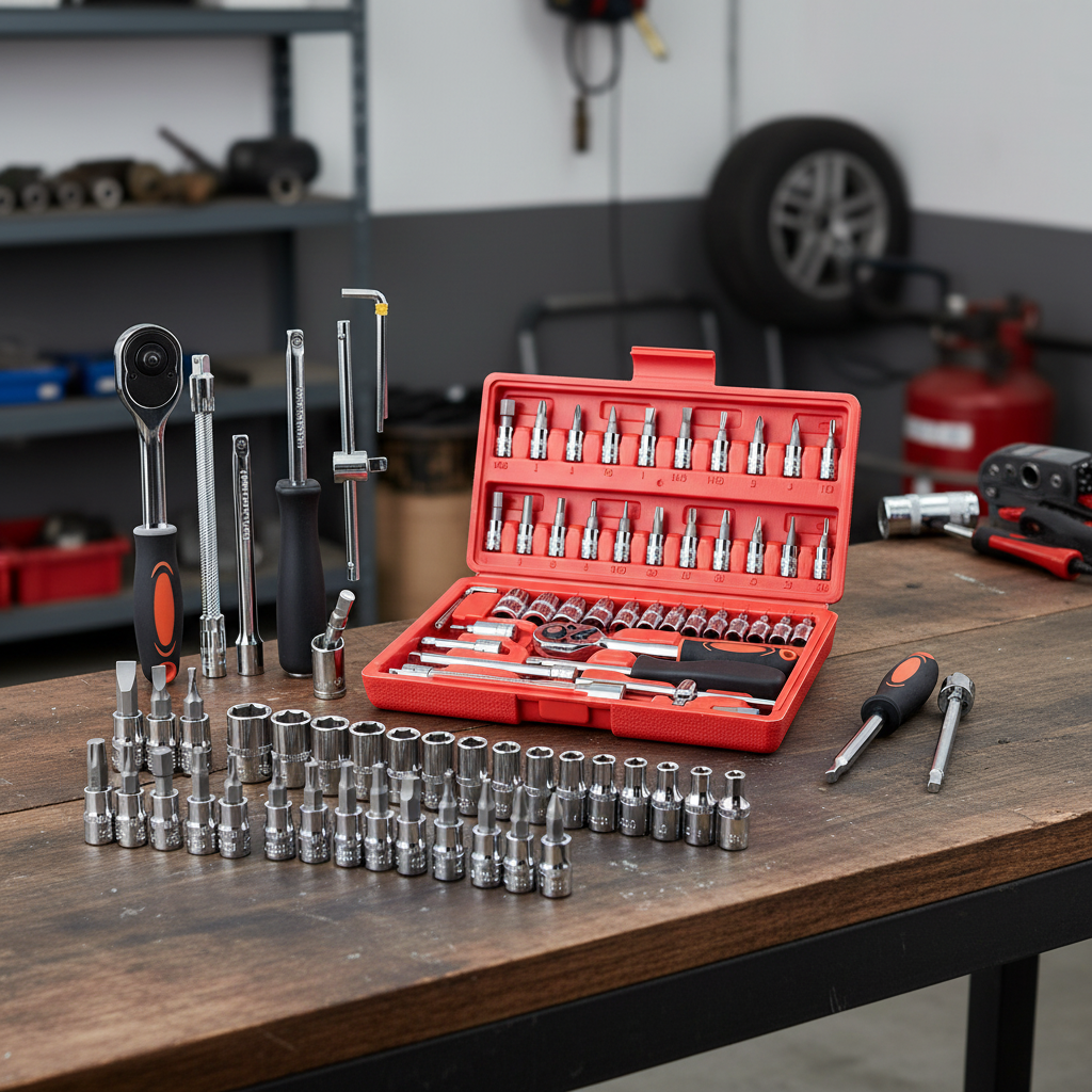 Dettaglio attrezzi cromati professionali del kit 46 pezzi con illuminazione da studio