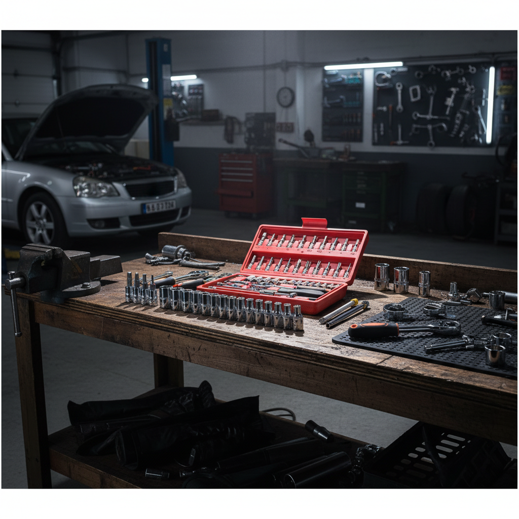 Kit attrezzi auto 46 pezzi su banco da lavoro in officina professionale