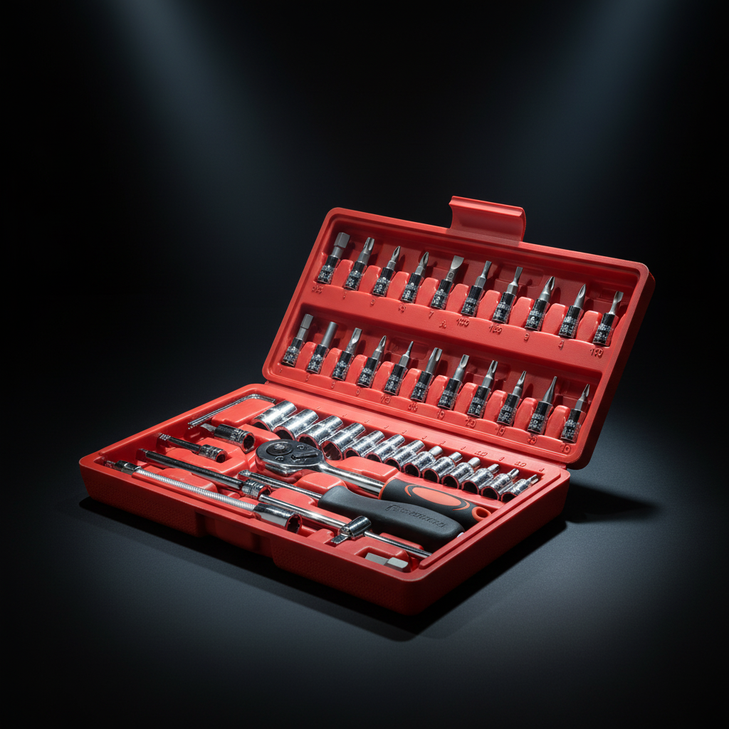 Dettaglio attrezzi cromati professionali del kit 46 pezzi con illuminazione da studio