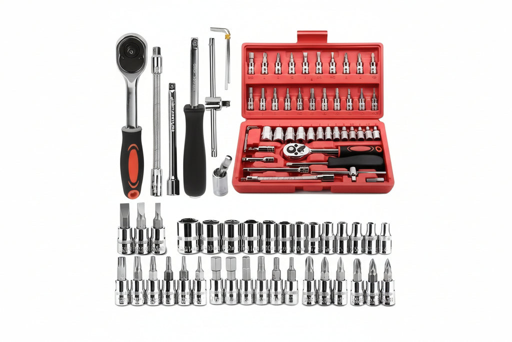 Kit attrezzi professionali per auto 46 pezzi con chiave a cricchetto e bussole in valigetta rossa