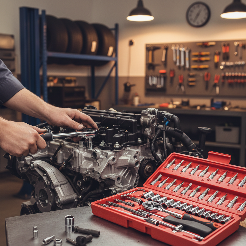 Meccanico che utilizza kit attrezzi professionali per riparazione motore auto in officina