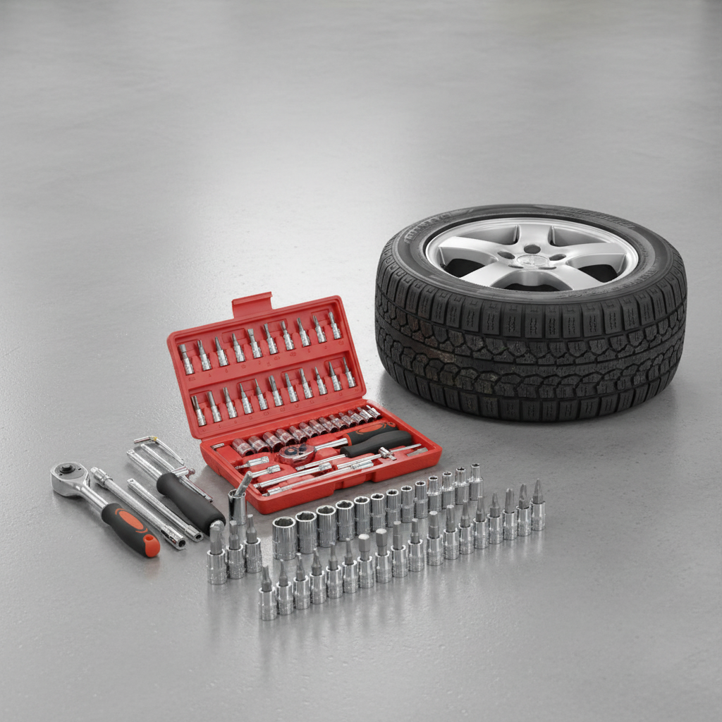 Kit attrezzi auto aperto sul pavimento dell'officina accanto a un pneumatico